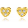 Šperky eshop - Diamantové náušnice zo žltého 14K zlata - srdiečko s troma briliantmi čírej farby S3BT506.70