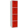 Svařovaná šatníková skriňa Oskar, 4 boxy, cylindrický zámok, šedá/červená