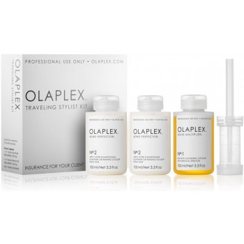 Olaplex Traveling Stylist Kit Bond Multiplier N°1 sérum na vlasy 100 ml + Bond Perfector N°2 obnovujúca starostlivosť na zníženie poškodenia vlasov pri farbení 2 x 100 ml darčeková sada