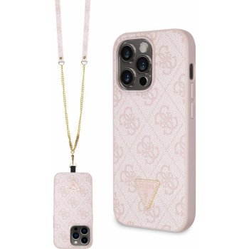 Guess PU 4G Strass Triangle Metal Logo + Crossbody popruh iPhone 15 Pro Max, ružové