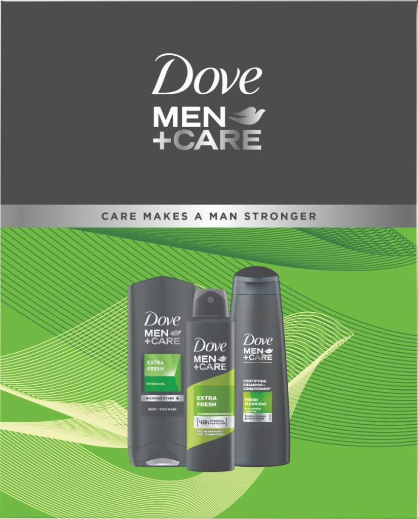 Dove Men+ Care Extra Fresh sprchový gél 250 ml + antiperspirant deospray 150 ml + 2v1 šampon na vlasy 250 ml darčeková sada