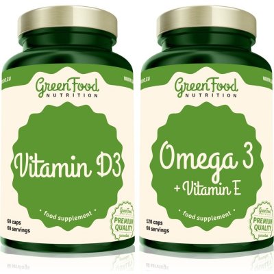 GreenFood Nutrition Omega 3 with Vitamin E + Vitamin D3 Omega 3 with Vitamin E kapsuly pre správne fungovanie organizmu 120 cps + Vitamin D3 kapsuly na podporu imunitného systému 60 cps
