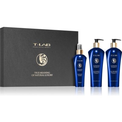 T-LAB Professional Sapphire Energy posilňujúci a revitalizujúci šampón pre unavené vlasy bez lesku 300 ml + posilňujúci kondicionér s revitalizačným účinkom 300 ml + obnovujúci sprej na vlasy a vlasov