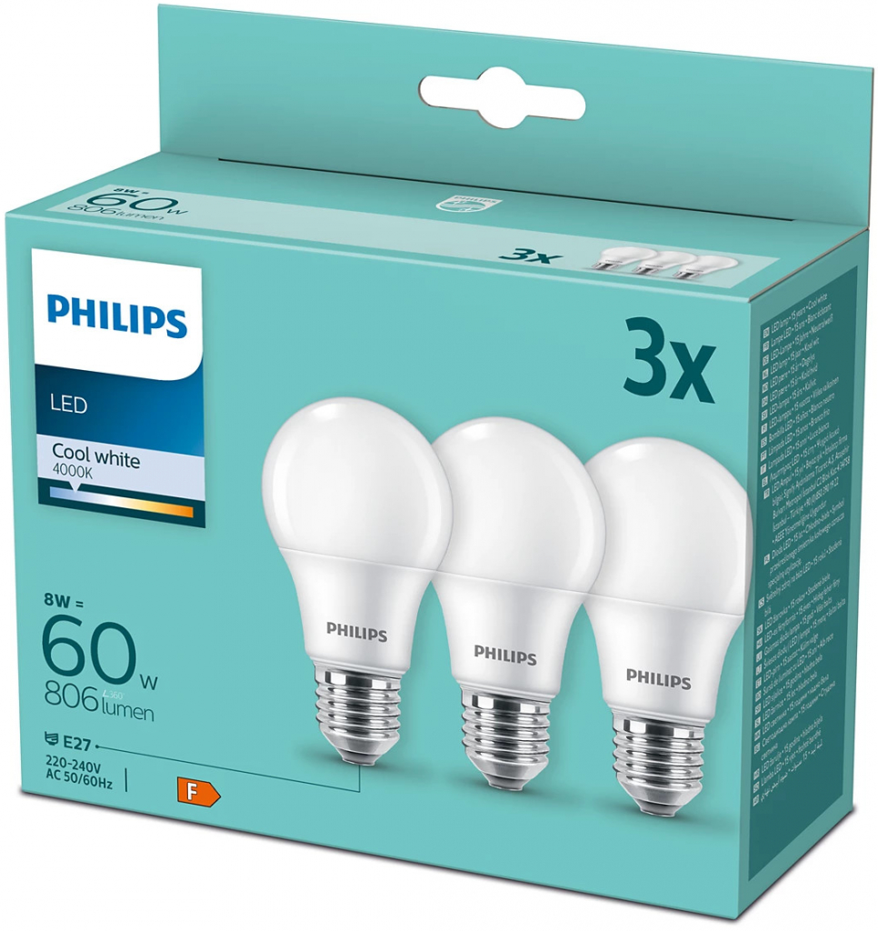 Philips LED 9W/60W 806lm A60 E27 4000K CW FR ND 3-set