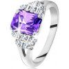 Šperky eshop - Prsteň - strieborná farba, brúsený fialový zirkón, trblietavé číre zirkóniky G12.20 - Veľkosť: 56 mm