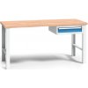 Výškovo nastaviteľný pracovný stôl do dielne WL so závesným boxom na náradie, buková škárovka, 1 zásuvka, 1500 x 685 x 840 - 1050 mm