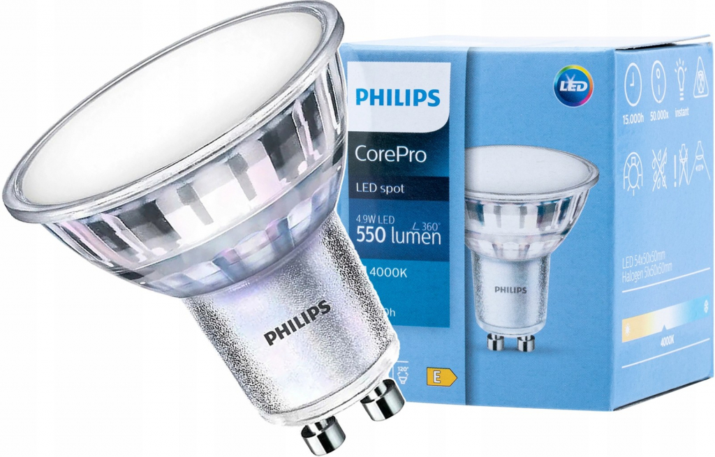 Philips LED žiarovka GU10 5W 50W 550lm 4000K Neutrálna 120°