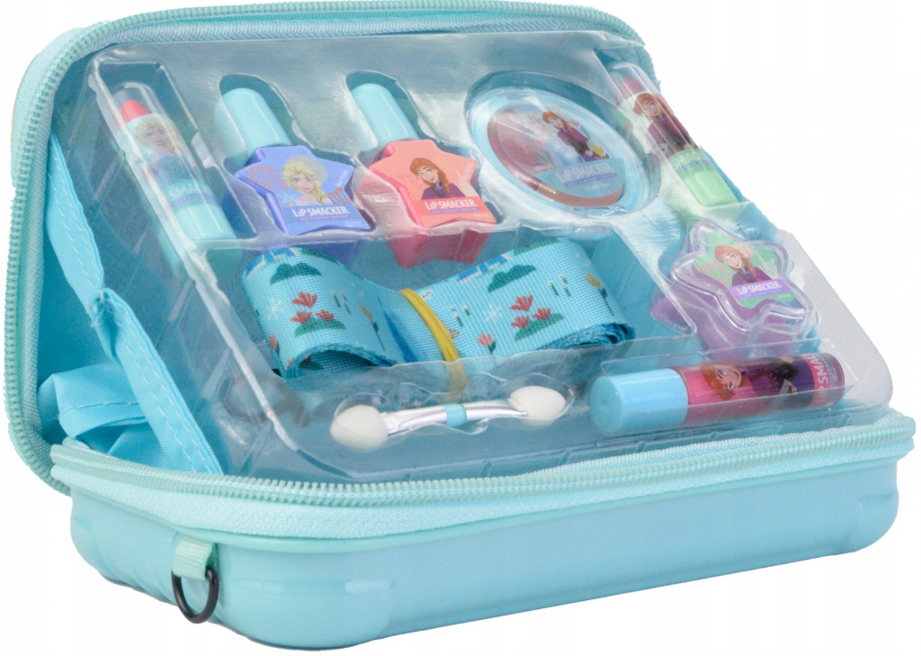 Lip Smacker Disney Frozen Travel To Go Beauty Case odstín růžová : rtěnka 2 x 1 g + lesk na rty 2 x 1 g + lak na nehty 2 x 4 ml + paletka rozjasňujících krémů 4 g + aplikátor + klíčenka