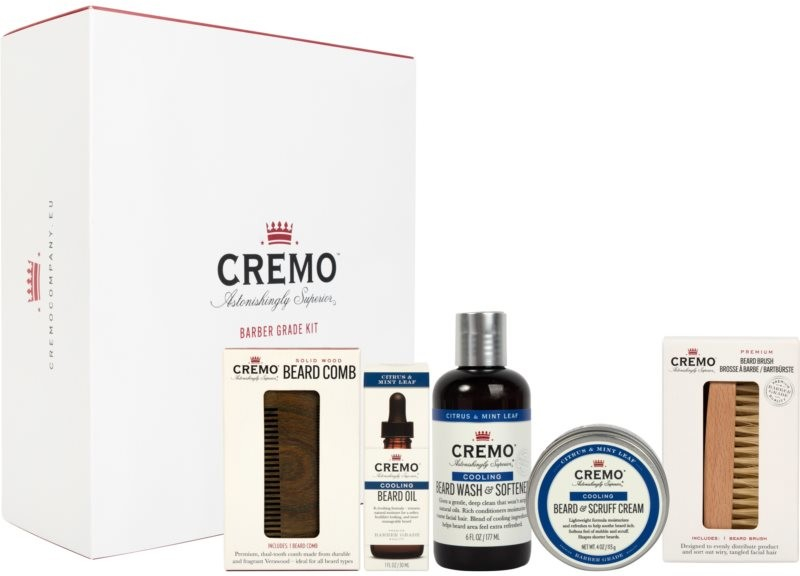 Cremo Barber Grade holiaci strojček + krém na holenie 177 ml + čistiace mydlo na tvár pre mužov 147 ml + obnovujúci hydratačný krém 88 ml darčeková sada