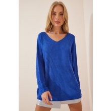 Happiness İstanbul Women's Blue V Neck Thessaloniki Knit Oversize Knitwear Sweater modrá