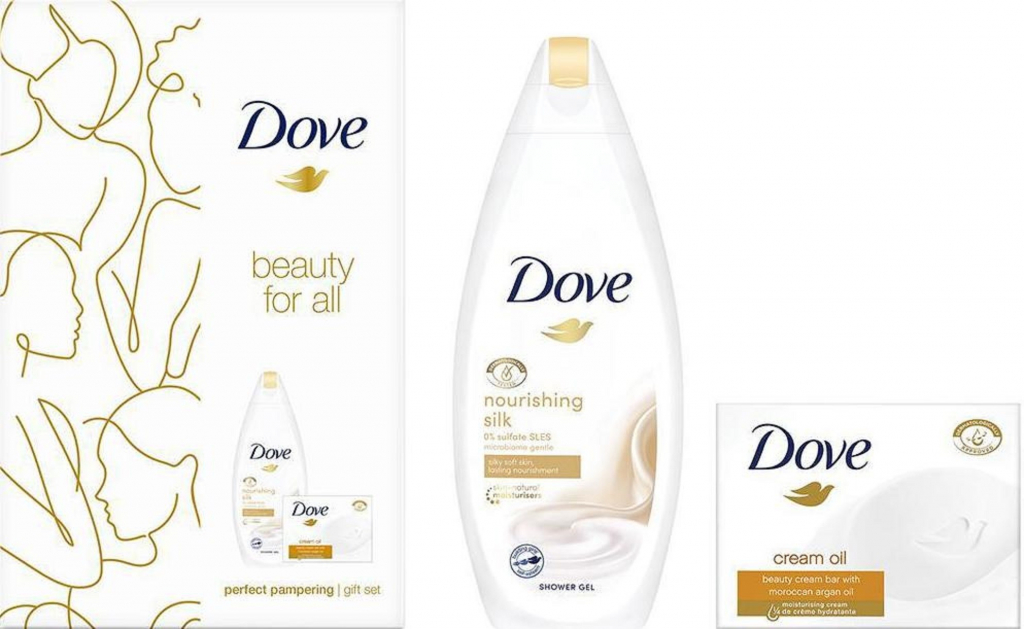 Dove Beauty For All Nourishing Silk sprchový gél 250 ml + Cream Oil Moroccan Argan Oil toaletné mydlo 100 g darčeková sada