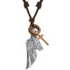 Šperky eshop - Nastaviteľný kožený náhrdelník, prívesky - anjelské krídlo, obruče, kríž a známka Y41.19