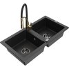 Mexen Mario, granitový drez 820x436x161 mm, 2-komorový a drezová batéria Aster, čierna-strieborná metalíza, 6504-73-73450-57-B