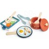 Tender Leaf Toys Pots and pans drevený riad s panvicou s varechou a potravinami