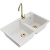 Mexen Tomas, granitový drez 800x500x190 mm, 2-komorový a zlatá batéria Telma, biela, 6516-20-670200-50
