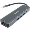 PREMIUMCORD Adaptér USB-C na Gigabit 10/100/1000Mbps + 1x HDMI, 2x USB3.2, 1x PD 100W konektor, Šedá ku31dock19