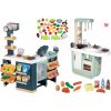 Set obchod elektronický zmiešaný tovar s chladničkou Maxi Market a kuchynka Cherry Smoby so zvukmi a potraviny s riadom