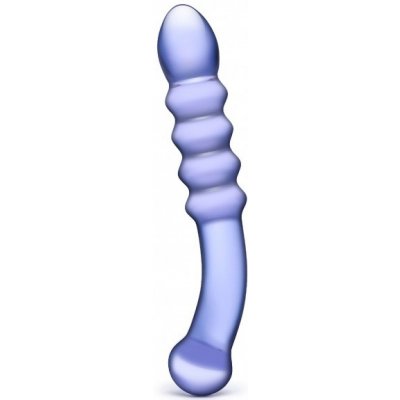 Gläs Purple Rain Ribbed Dildo, obojstranné sklenené dildo 21,5 x 2,5–3,4 cm