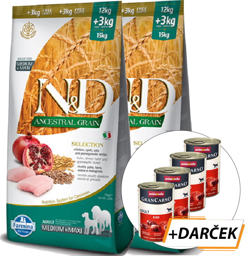 N&D dog LG Adult Medium & maxi chicken, spelt, oats & pomegranate 2 x 12 kg