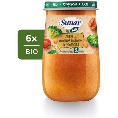 Sunar BIO príkrm zelenina, celozrnné cestoviny, olivový olej 8m+, 6× 190 g