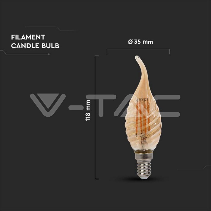 V-TAC LED žiarovka E14 C37 4W 2200K amber filament twist