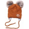 BABY NELLYS Zimná čiapka s fleecom Teddy Bear - chlupáčk. bambuľky - hnedá, šedá