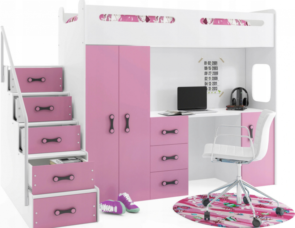 Interbeds MAX 4 poschodová komplet + matrac + písací stôl + šatník ružovo biela