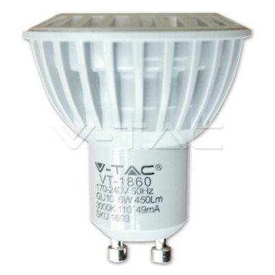 V-TAC žiarovka LED 6W, GU10, 6000K, 450lm, 110°, Ra 80, COB, VT-1860