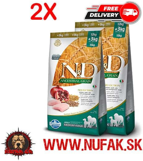 N&D dog LG Adult med & maxi chicken, spelt, oats & pomegranate 2 x 12 kg