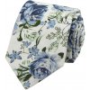 Quentino Bílá pánská bavlněná kravata s modrými květy PKBA01