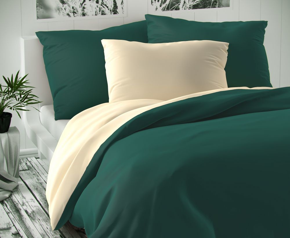 Kvalitex satén obliečky Luxury Collection tmavo zelené / smotanové 200x240 2x70x90