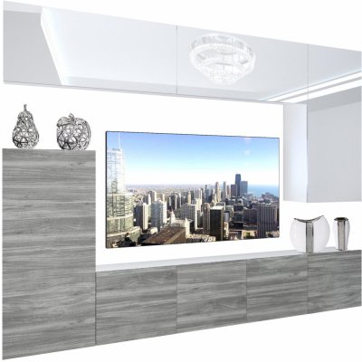 Obývacia stena Belini Premium Full Version biely lesk šedý antracit Glamour Wood LED osvetlenie Nexum 118