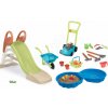 Set šmykľavka s vodnou hrou a pieskovisko Mušľa KS Slide Life Smoby dĺžka šmyku 150 cm a fúrik s kosačkou a náradím