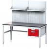 Alfa 3 Nastaviteľný dielenský stôl MECHANIC II s perfopanelom a policami, 2 zásuvkový box na náradie, 1600x700x745-985 mm, sivá/červená