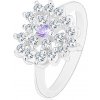 Šperky eshop - Prsteň striebornej farby, číre zirkónové srdce so svetlofialovým stredom R43.25 - Veľkosť: 52 mm