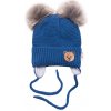 BABY NELLYS Zimná čiapka s fleecom Teddy Bear chlupáčk. bambuľky tm. modrá šedá