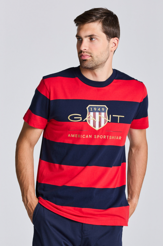 Gant tričko D1. Bar Stripe Archive Shield Tee červené