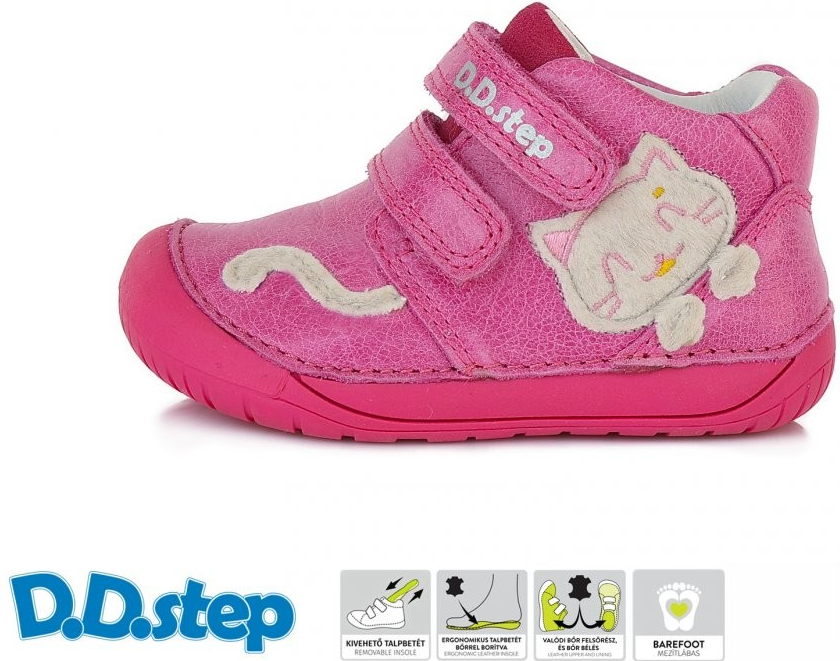 D.D.Step detské dievčenské kožené topánky Barefoot dark pink