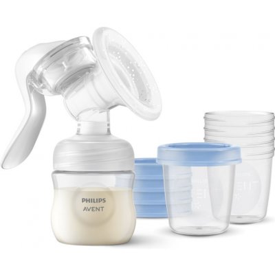Philips Avent Breast Pumps odsávačka materského mlieka 1 ks + Natural cumlík 1 ks + pohárik s vrchnáčikom 5x180 ml