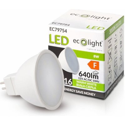 Ecolight LED žiarovka MR16 12V 8W teplá biela