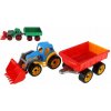 Teddies Traktor / nakladač / bager s vlekom s lyžicou plast na voľný chod 2 farby v sieťke 16x61x16cm