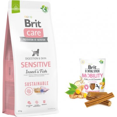 BRIT CARE Sustainable Sensitive Insect & Fish 12kg + BRIT CARE Dog Dental Stick Mobility with Curcuma & Collagen 7szt