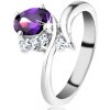 Šperky eshop - Prsteň v striebornom odtieni, úzke zahnuté ramená, fialový brúsený ovál G09.01 - Veľkosť: 60 mm
