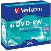 Verbatim DVD-RW, Matt Silver, 43285, 4.7GB, 4x, jewel box, 5-pack, bez možnosti potlače, 12cm, pre archiváciu dát