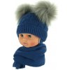 Baby Nellys zimná čiapočka so šálom chlupáčkové bambulky tm. modrá