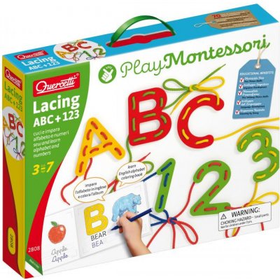 Quercetti Lacing ABC + 123 alphabets and numbers - prevliekacia súprava s písanky a omaľovánkami
