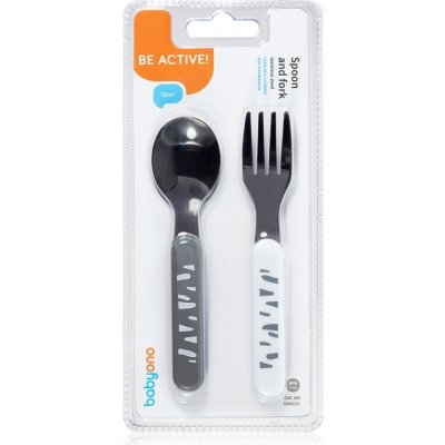 BabyOno Be Active Stainless Steel Spoon and Fork príbor Grey-White 12 m+ 2 ks