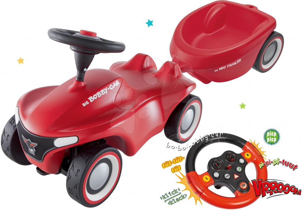 Big Set Bobby Car Neo červené zvukové s 3-vrstvovými gumovými kolesami a prívesný vozík a volant so zvukom a svetlom SM56240-3