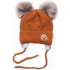 BABY NELLYS Zimná čiapka s fleecom Teddy Bear - chlupáčk. bambuľky - hnedá, šedá, 0-6 mes.