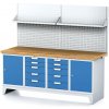 Alfa 3 Dielenský stôl MECHANIC I, perforovaný panel, polica, 2 skrinky a 2 zásuvkové boxy na náradie, 10 zásuviek, 2000x685x880 mm, modré dvere